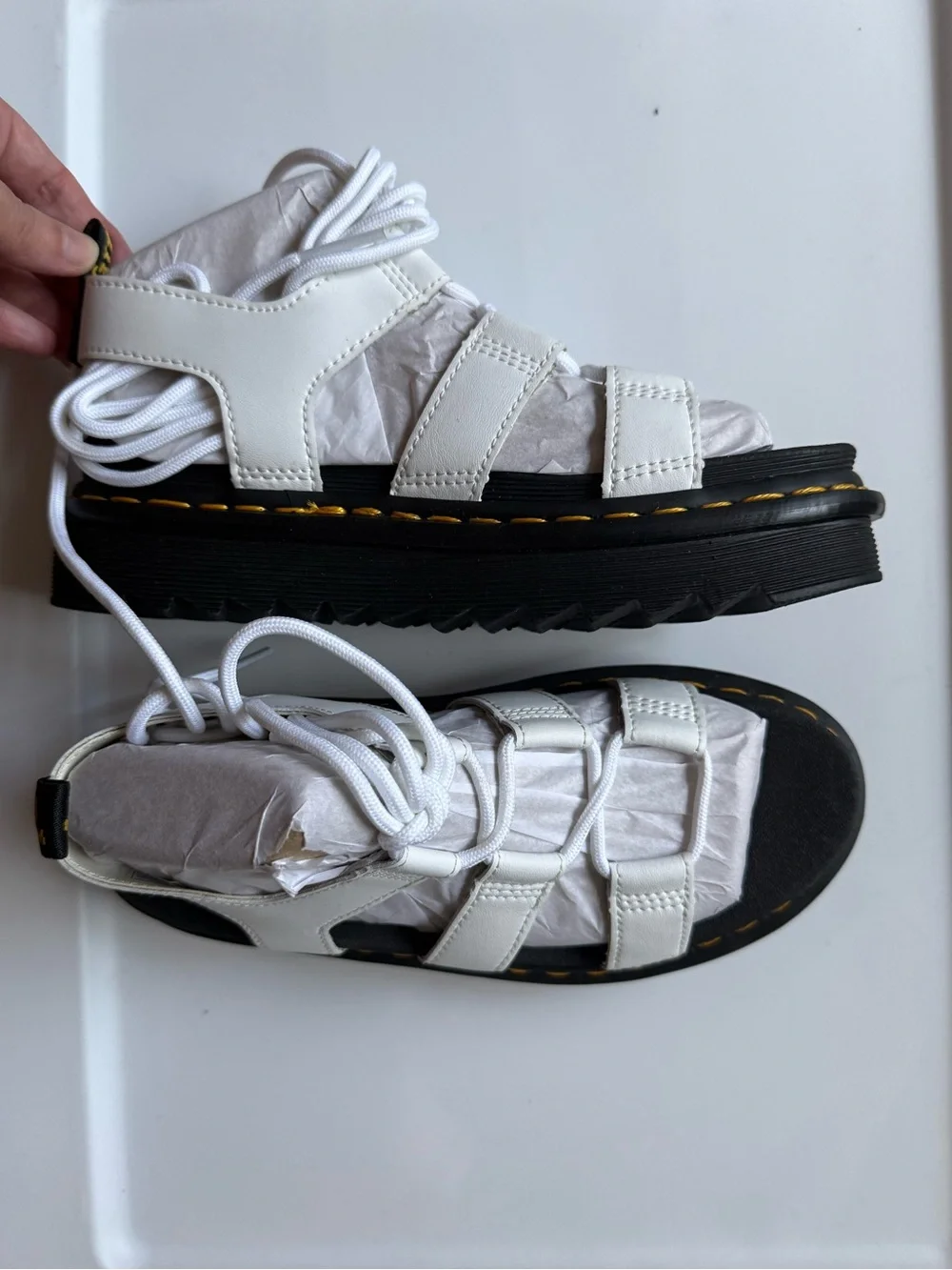 Dr. Martens White Leather Lace-Up Platform Sandals with yellow stitching